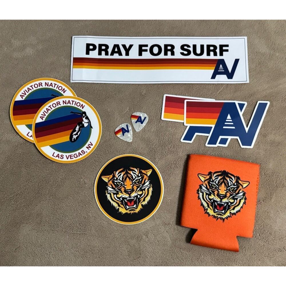 AVIATOR NATION Stickers Tiger Koozie Guitar Picks Can Cooler Retro 70s Bundle